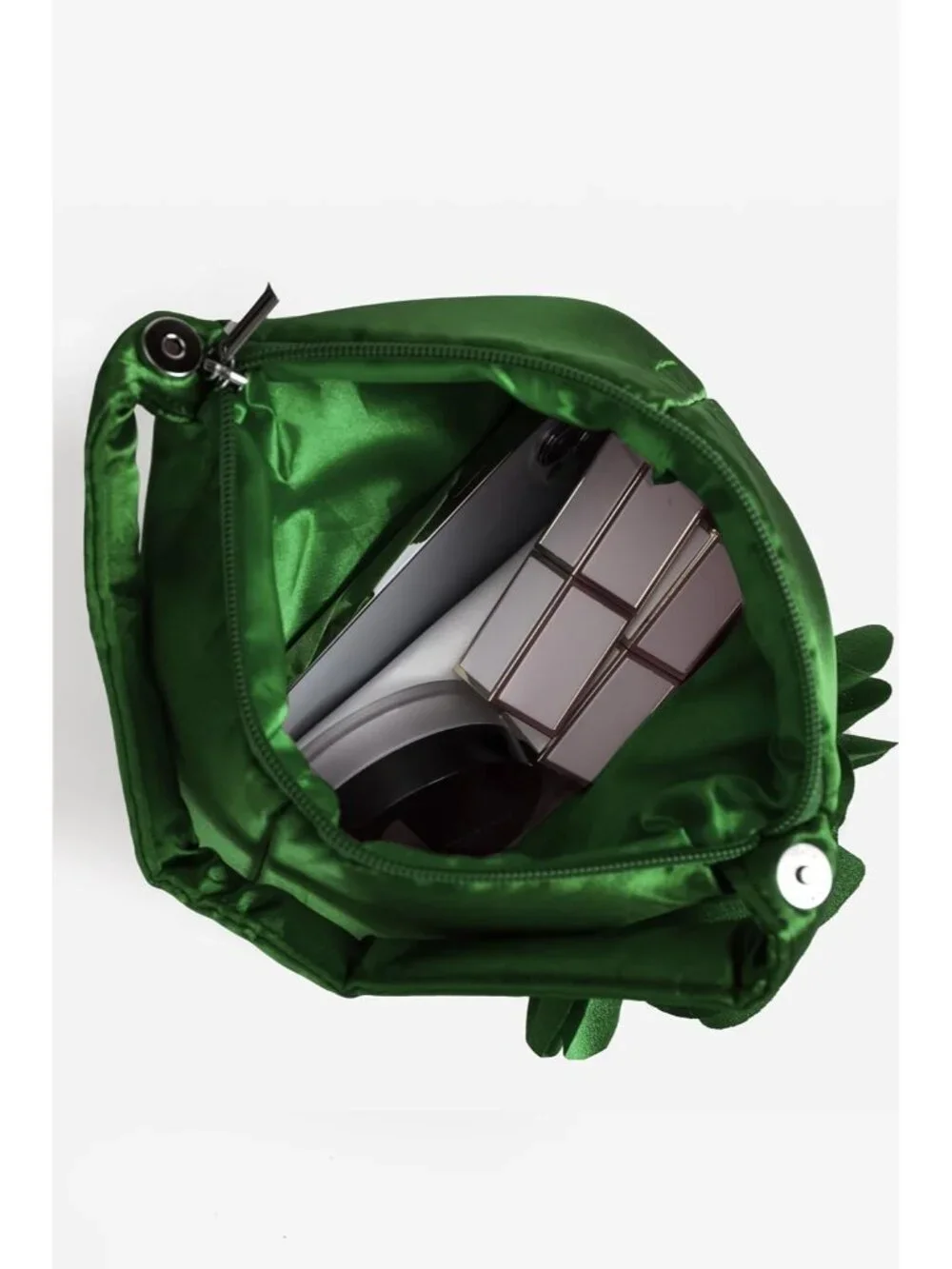 Women's Green Flower Satin Style Evening Bags Triangle Zipper Clutch Purses